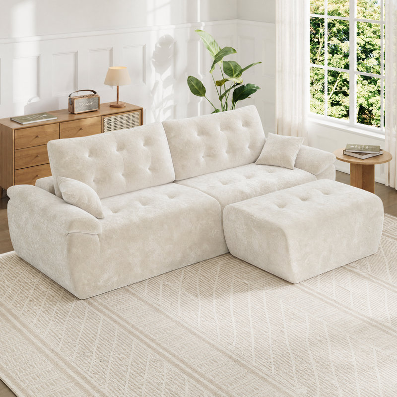 Modern Oversized 275cm 3-Sets Boneless Chenille Sofa With Ottoman And High-resilience Foam, Beige