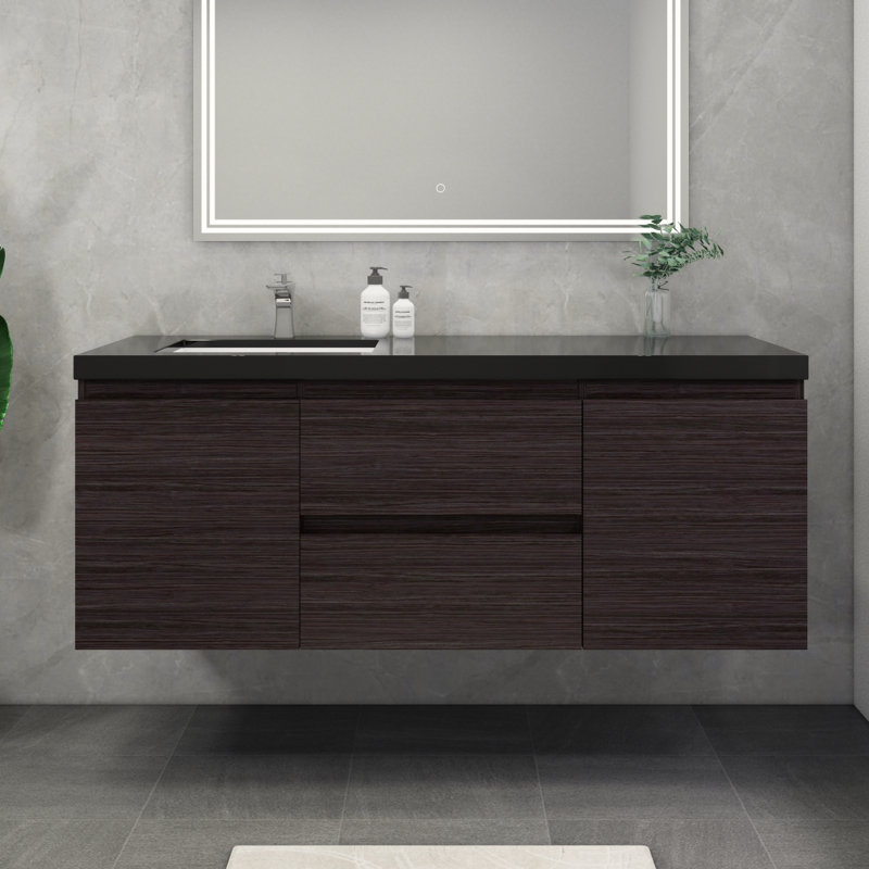 Castin 60" Wall-Mounted Single Left Sink Bathroom Vanity Set, Dark Gray Oak