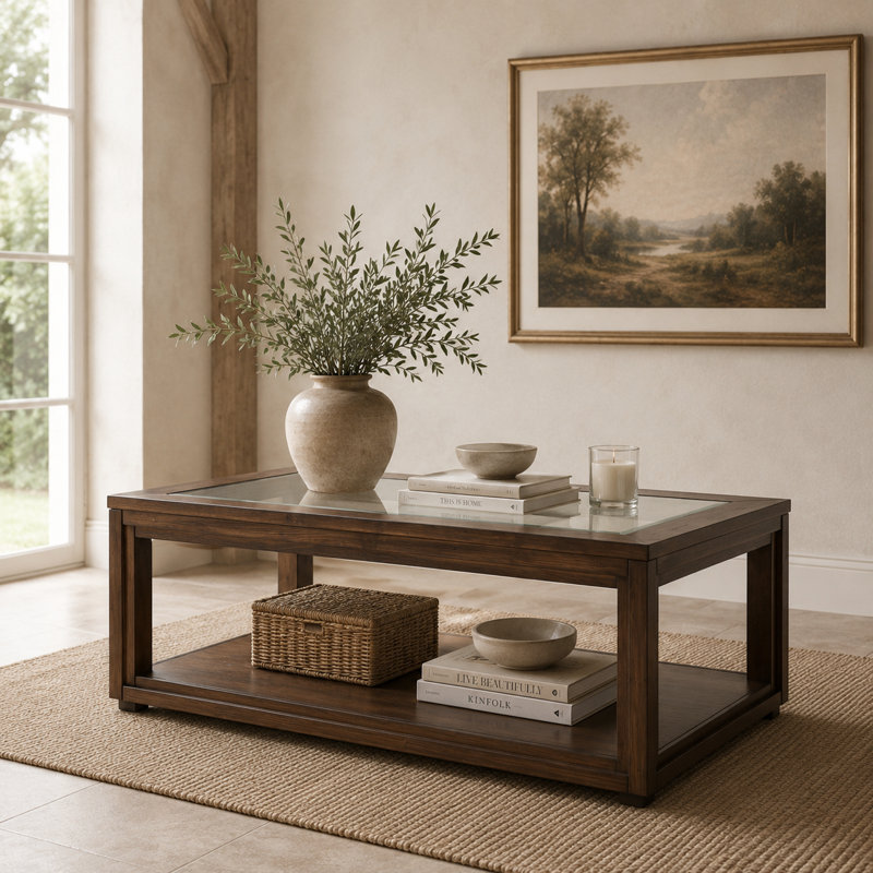 Carrollton Wood and Glass Rectangular Coffee Table - Rustic Ranch