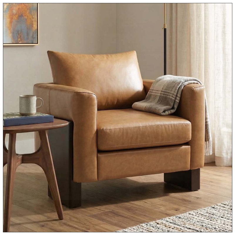 Fauteuil club moderne avec pieds en bois d'hévéa massif et accoudoirs architecturaux, Polyuréthane brun