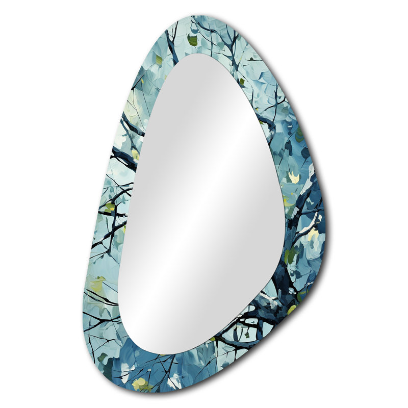 Demwood Blue Springtime Basswood Tree - miroir mural décoratif asymétrique, miroir à forme libre moderne, impression sur métal