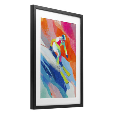 Skiing Down Neon Slopes Framed Print Under Glass, design by Chromatic Storm Studio