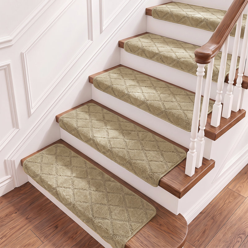 14 pièces de tapis d'escalier antidérapant pour escalier en bois Bullnose 9,5 po x 30 po, Losange, Kaki
