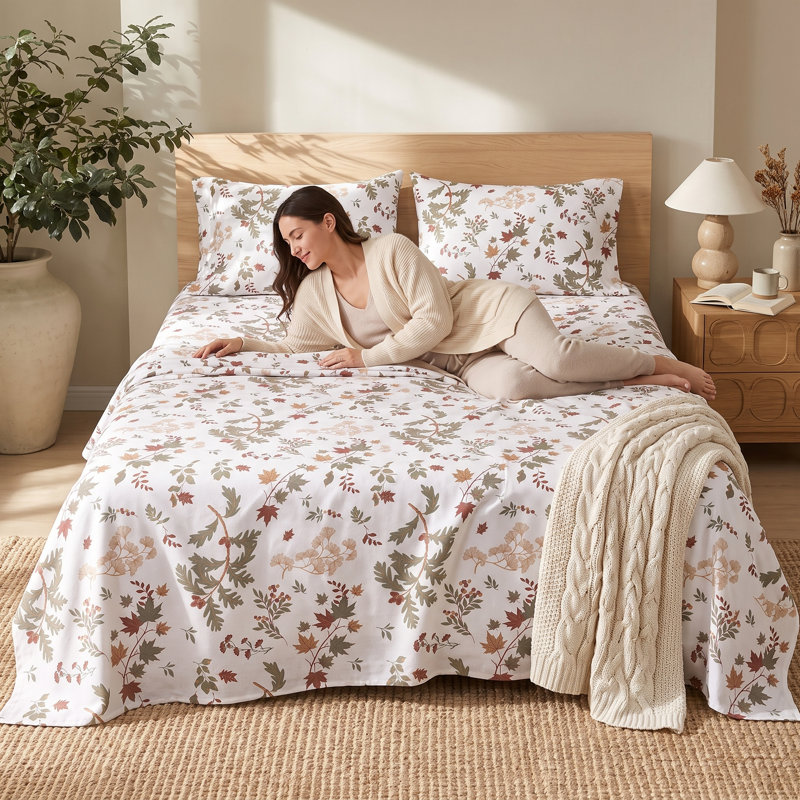 Ensemble de draps en flanelle 100 % coton S&CO vintage, taille Queen, doux et confortable, 4 pièces, motif de feuilles d'automne