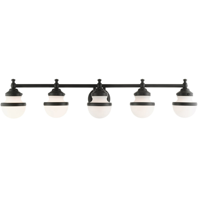 Superbe luminaire de meuble-lavabo de 42 po avec abat-jour en verre soufflé à la main - 5 lumières., Noir, Blanc