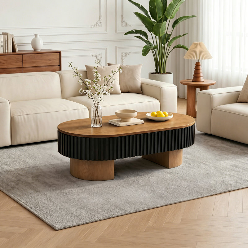 Table basse ovale en bois massif avec plateau amovible et rangement caché, parfaite pour le salon, le bureau ou le bureau
