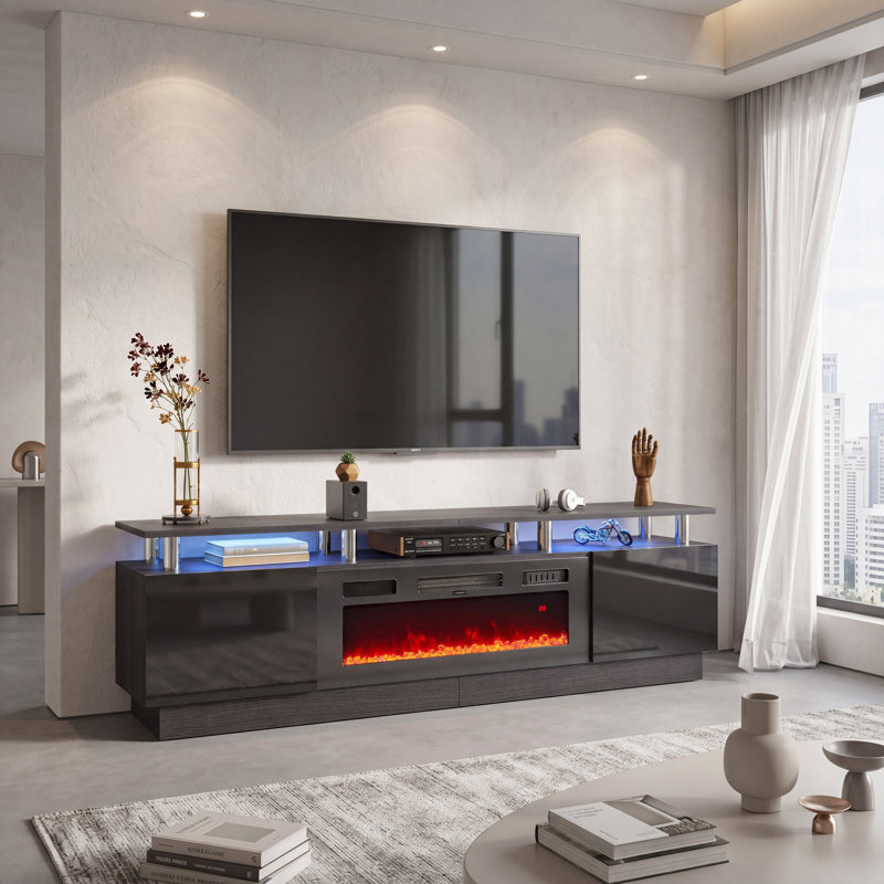 Kazimieras 70" TV Stand for TVs up to 80" with Electric Fireplace, Media Console with 12 LED Color, Black