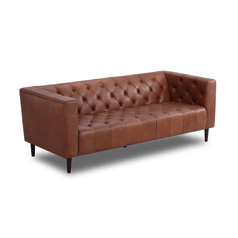  Canapé Chesterfield en cuir véritable 84 po, Cuir grainé rétro vintage brun