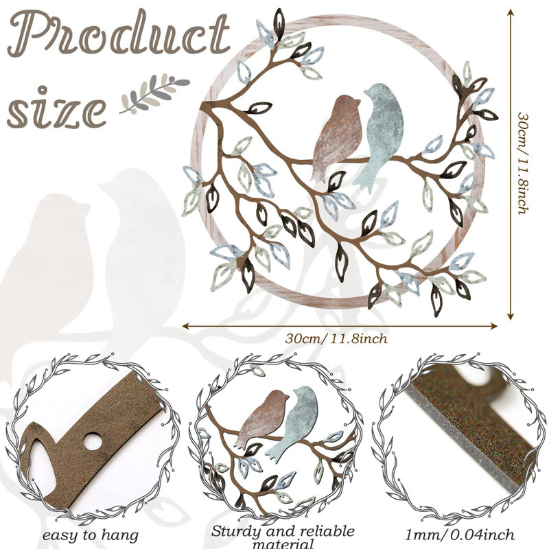 Metal Bird on Tree Branch Wall Art, Round Silhouette Hanging Decor