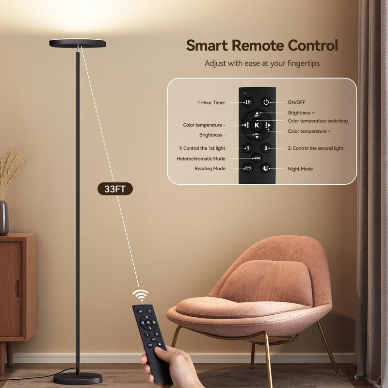 Lampe sur pied moderne avec 2 lumières rotatives - Lampe sur pied à DEL 28 W avec télécommande, lampe d'angle réglable en continu de 74 po pour le salon, la chambre à coucher et le bureau