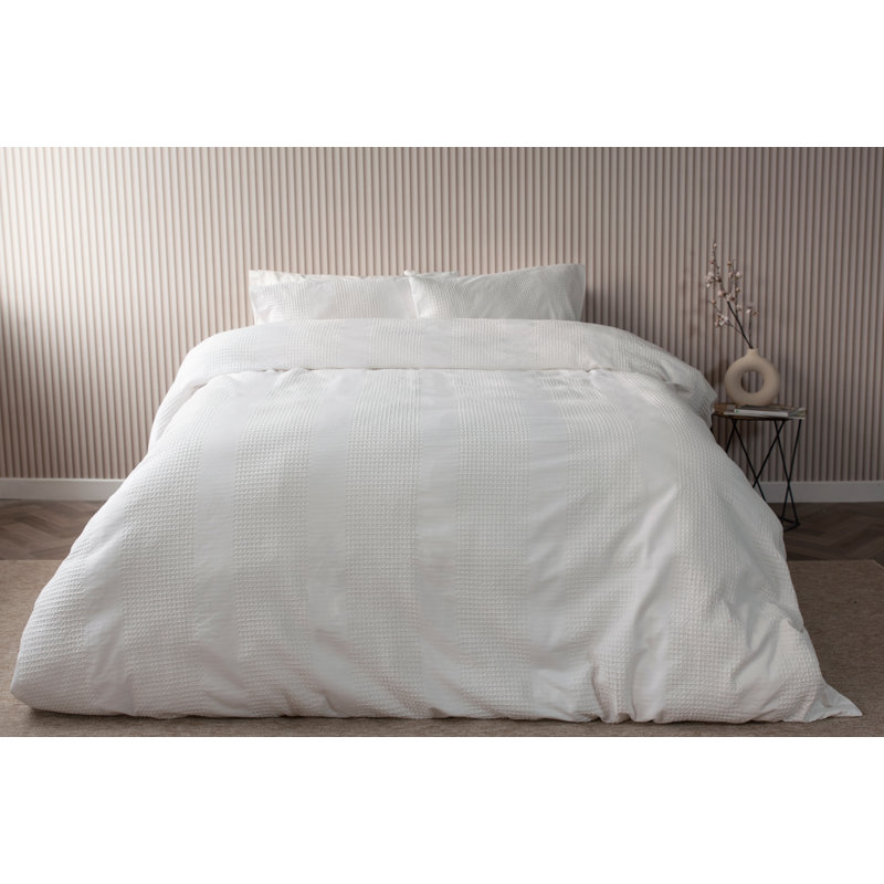 Cotton Striped Duvet Cover with Pillowcases Included, Single - 1 Standard Piilowcase, White