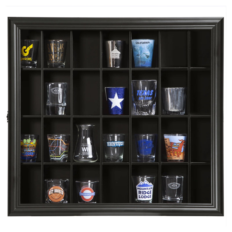 Gallery Solutions Black 18X16 Shot Glass Collection - Hinged Front Display Case Holds 28 Shot Glasses Or Small Collectibles - Bar, Home, Office Accessories
