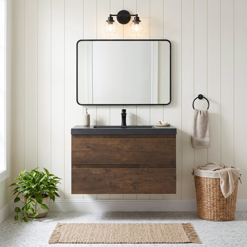 Meuble-lavabo mural en mélamine de bois de rose de 91 cm (36 po), résistant à l'usure, aux égratignures et à la porosité, surface facile à nettoyer, préassemblé.