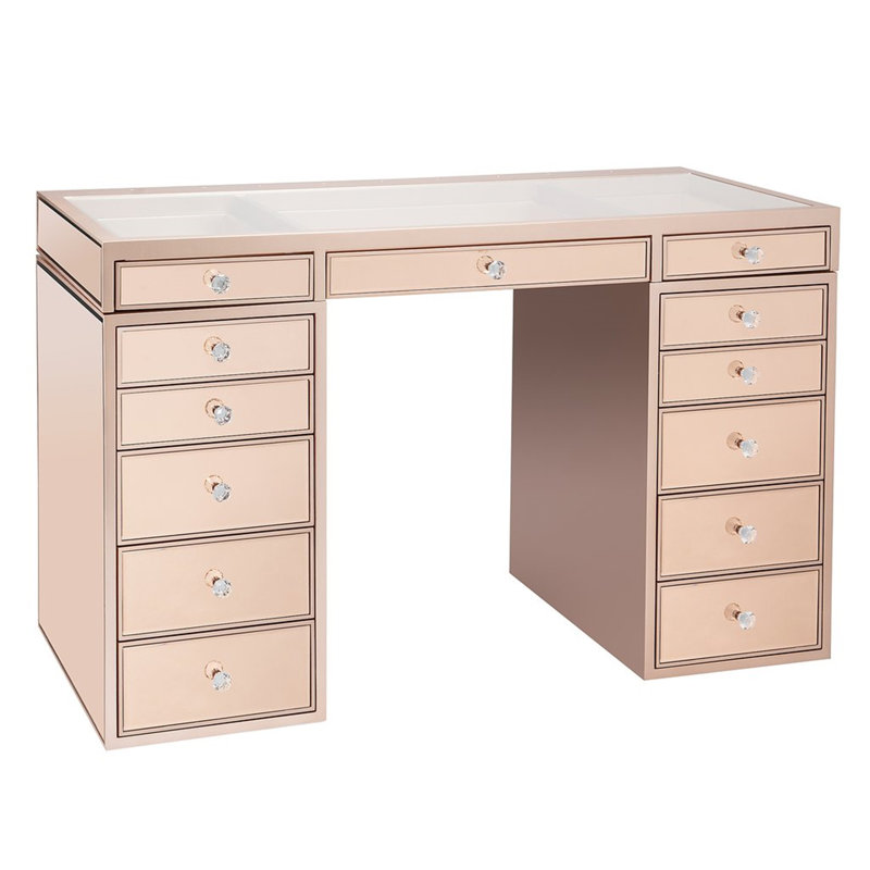 SlayStation Plus Premium Mirrored Vanity Table with Glass Tabletop, 13 Drawers with Luxurious Crystal Knob Accents, Rose Gold