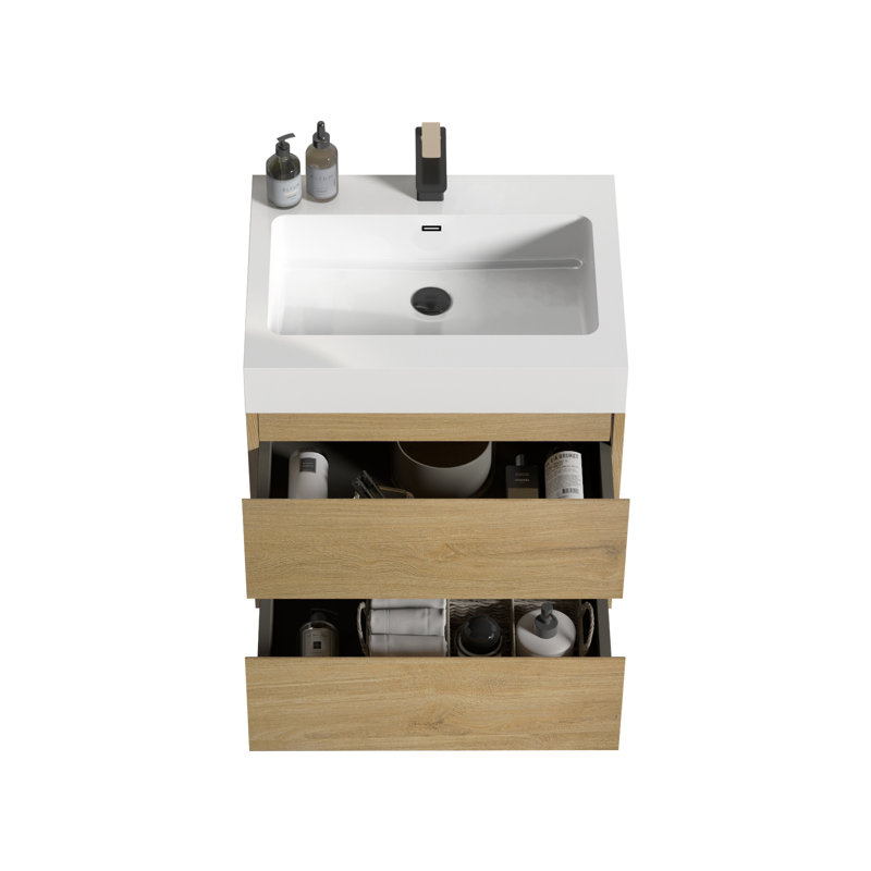 Meuble-lavabo moderne en chêne naturel de 24 po avec rangement spacieux pour l'intérieur, Oak, White