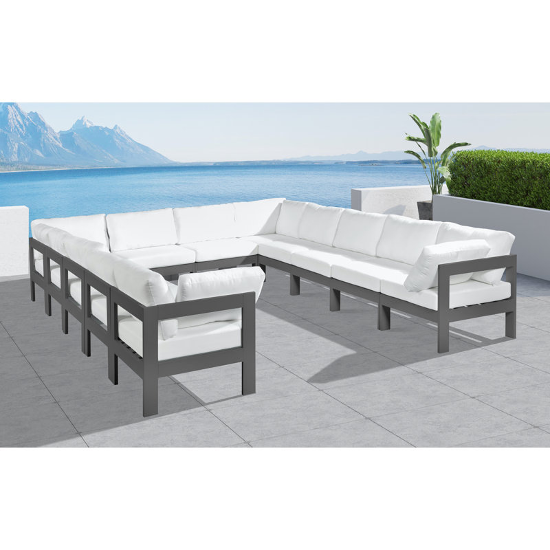 Marquice 120'' Wide Aluminum Patio Sectional with Cushions, Dark Gray, White