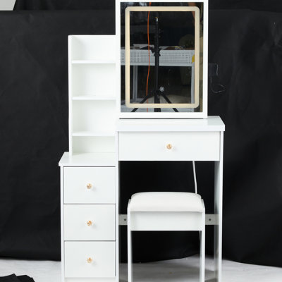 Left Bedside Cabinet Vanity, White Color, Led Mirror With Touch Switch, 3 Color Modes, Adjustable Brightness, Cushioned Stool, Small Space-, Space- Vanity - Control Choices Brightness , American
