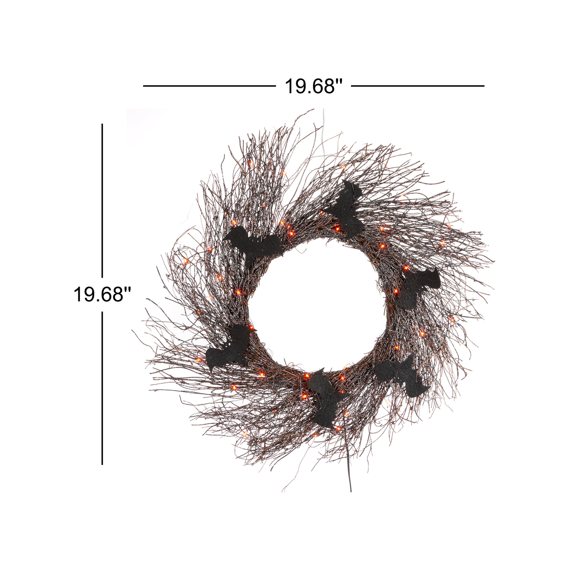 Black Halloween Twig Wreath With Bats And Orange Leds