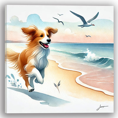 «Joyful Beach Day Dog», art mural sur toile tendue
