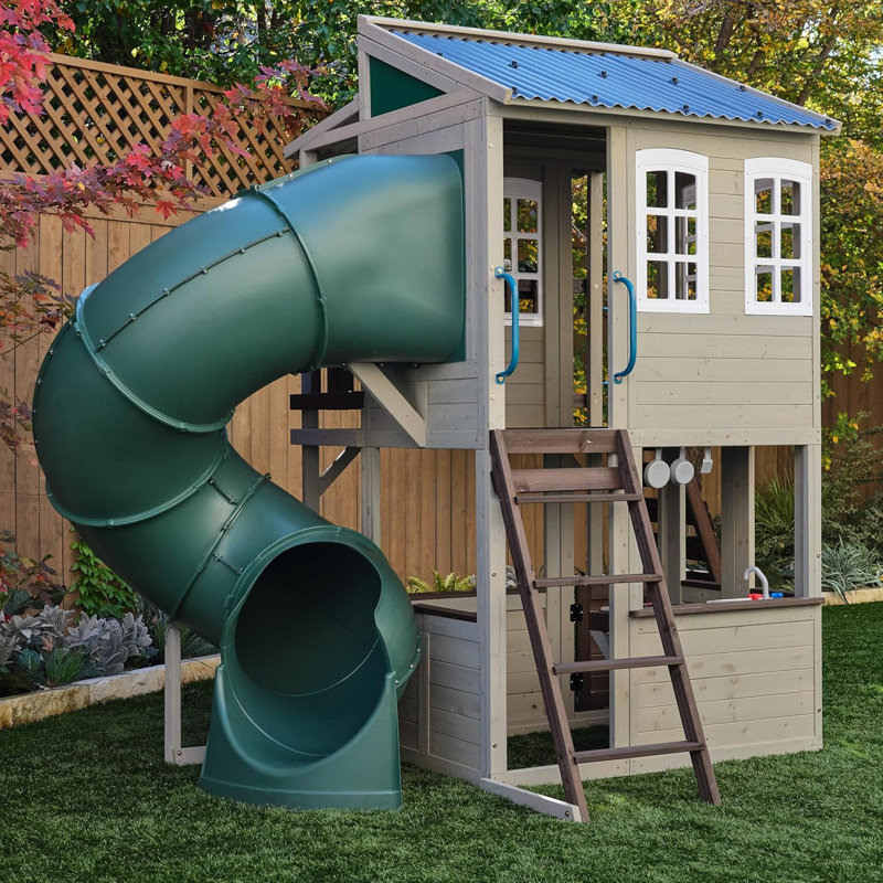KidKraft 2-Storey Wooden Playhouse with Tube Slide & Rock Wall - Outdoor Climbing Frame, Grey