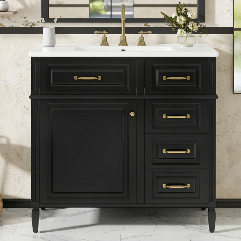 Rangement de salle de bain autoportant de 36 po avec lavabo, armoire avec 5 tiroirs, porte à fermeture en douceur, lavabo en céramique et tablette réglable