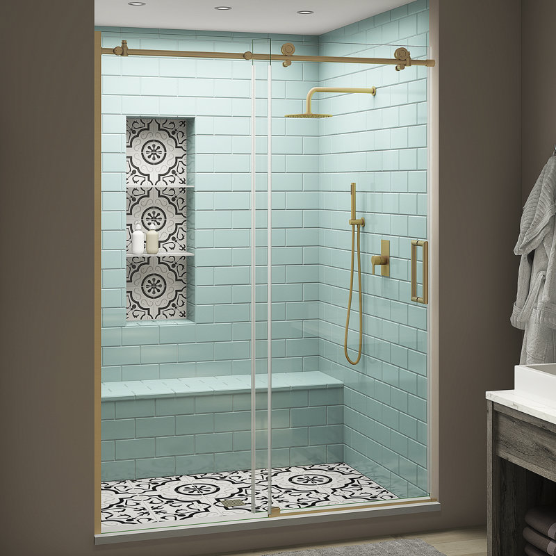 Coraline XL 68" W x 80" H Single Sliding Frameless Shower Door, Right Opening, Gold