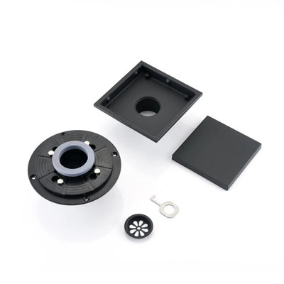 Bonde de douche carrée de 15 cm (6 pouces), acier inoxydable 304 et PVC, monobloc, avec filtre à cheveux intégré, couleur argent et noir, double filtration, couvercle amovible et crochet de levage.
