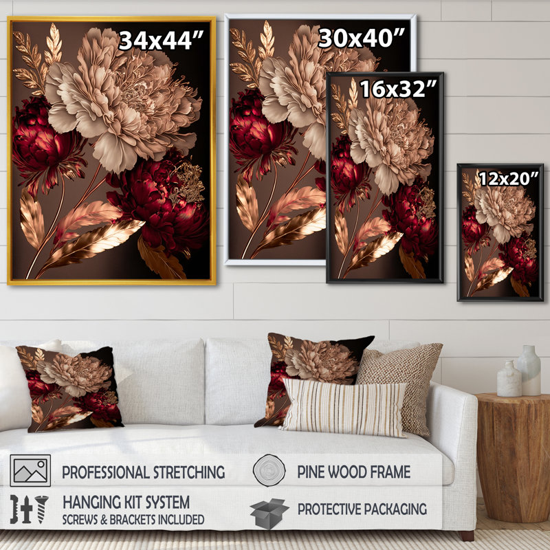 «Gilded Rose Vintage Glam IV», art mural floral, L 34 po x H 44 po, Toile avec cadre flottant or