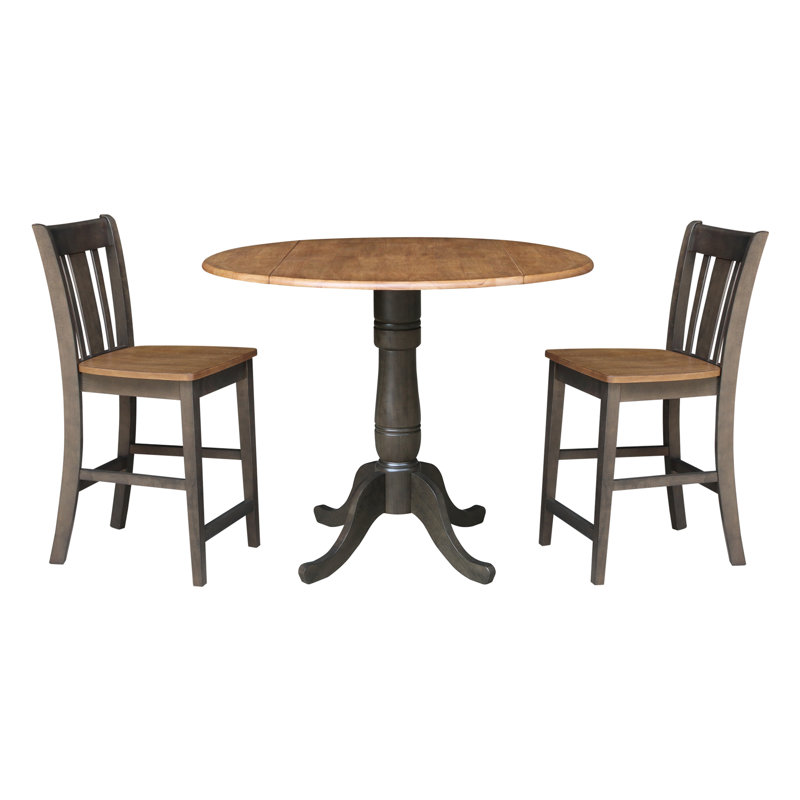 Ensemble de salle à manger en bois massif à hauteur de comptoir 3 pièces Denzelle, Hickory / charbon délavé