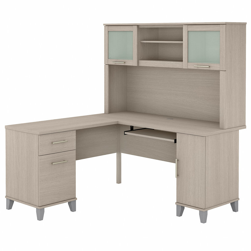 Bureau en L Paelynn avec huche et rangement, bureau d'ordinateur de coin, bois moderne, chêne sable, Chêne sable