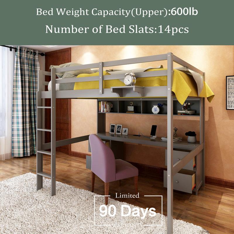 Gorga Full Loft Bed with Build-In Desk with Built-In Ladder, Gray