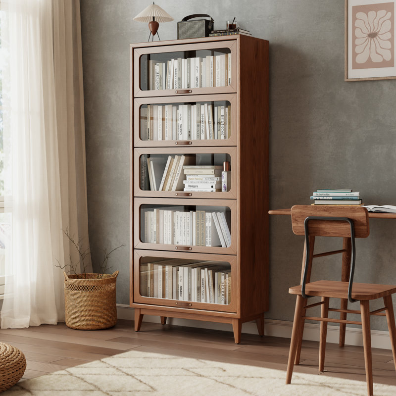 Solid Wood Flip-Top Glass Door Bookshelf Cabinet, Mid-Century Modern Display Storage Cabinet with Leather Handles , Brown