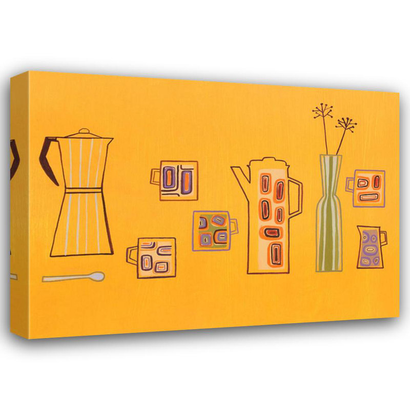 Cafetières et tasses à café jaunes, H 35 po x l 48 po