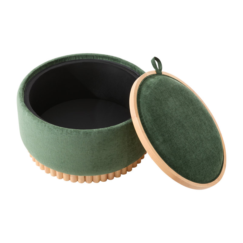 Table basse ronde verte avec rangement, pieds en bois et revêtement moderne en chenille