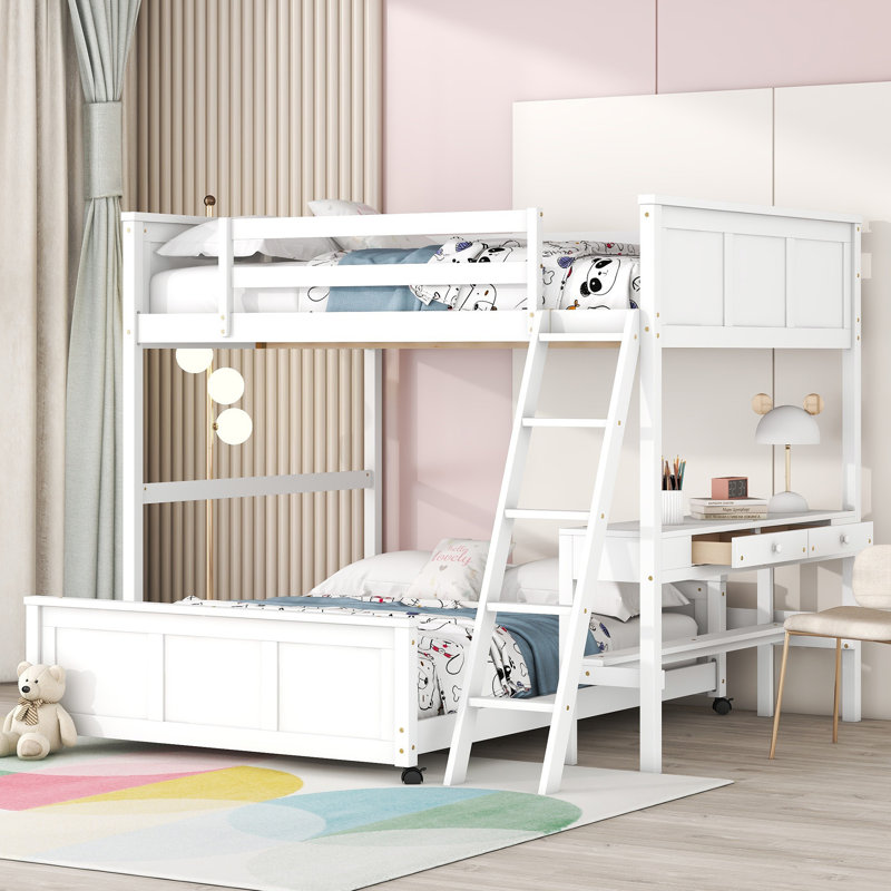 Lit superposé avec bureau, Double sur double, Blanc
