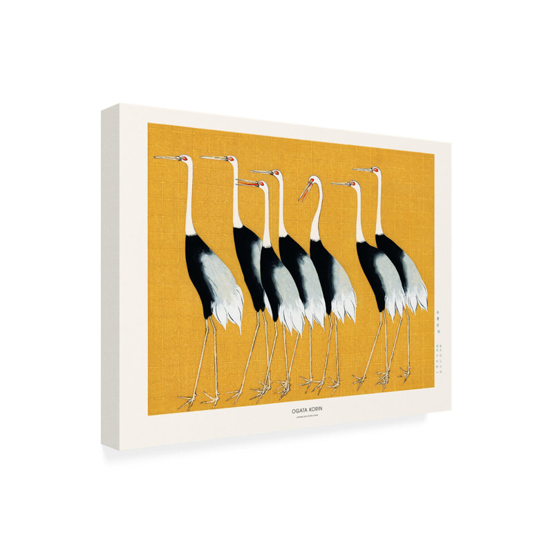 Japanese Red Crown Crane Canvas Wall Art in Yellow and Black