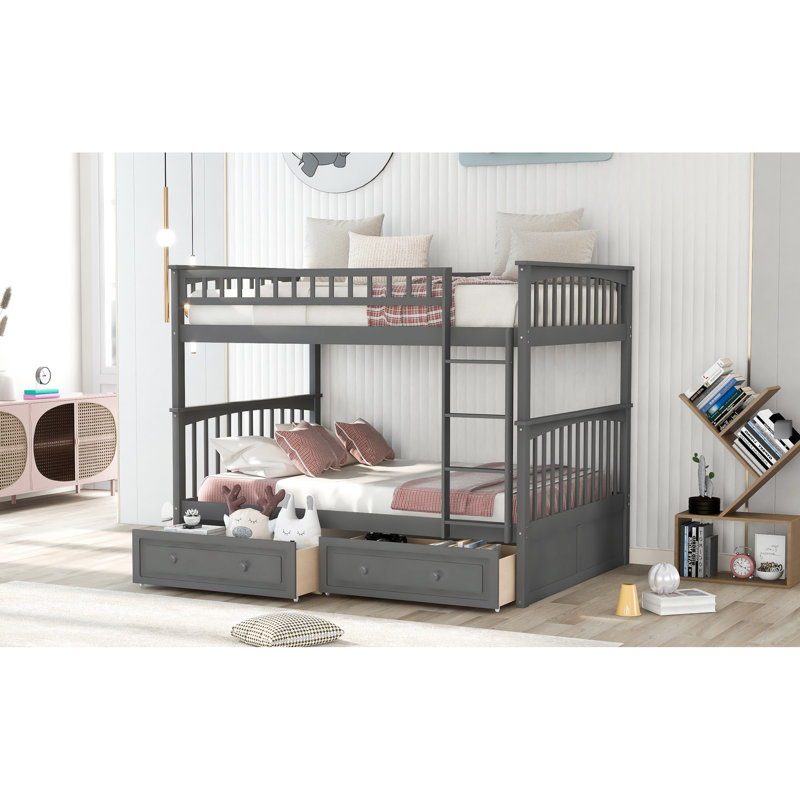 Lit double superposé au dessus avec tiroirs gris - convertible pour la chambre à coucher grise, Lit double, Gris