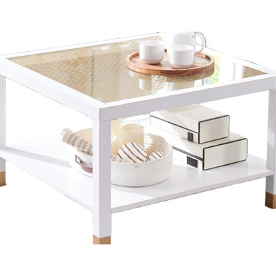 Table basse carrée de 27,73 po avec structure en métal blanc et plateau en verre doré, filet et métal, conception intelligente pour table moderne, profondeur de 27,73 po, impression en soie sur fond trempé de 6 mm