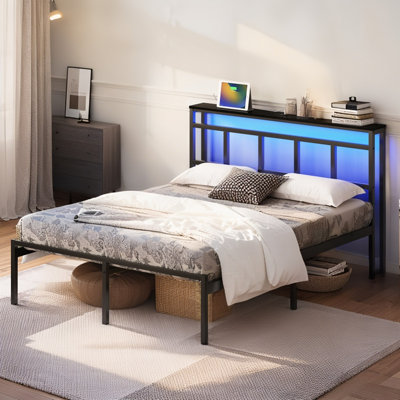 14 Inch Meta Bed Frame With Storage Headboard,Platform Bed With Heavy Duty Metal Slats, LED Lights,Charging Station And USB Port,No Box Spring Needed