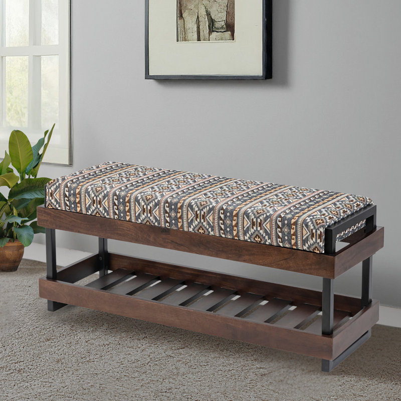Modern Upholstered Entryway Bench with Shoe Storage Shelf Geometric Pattern Seat , Brown, Gray