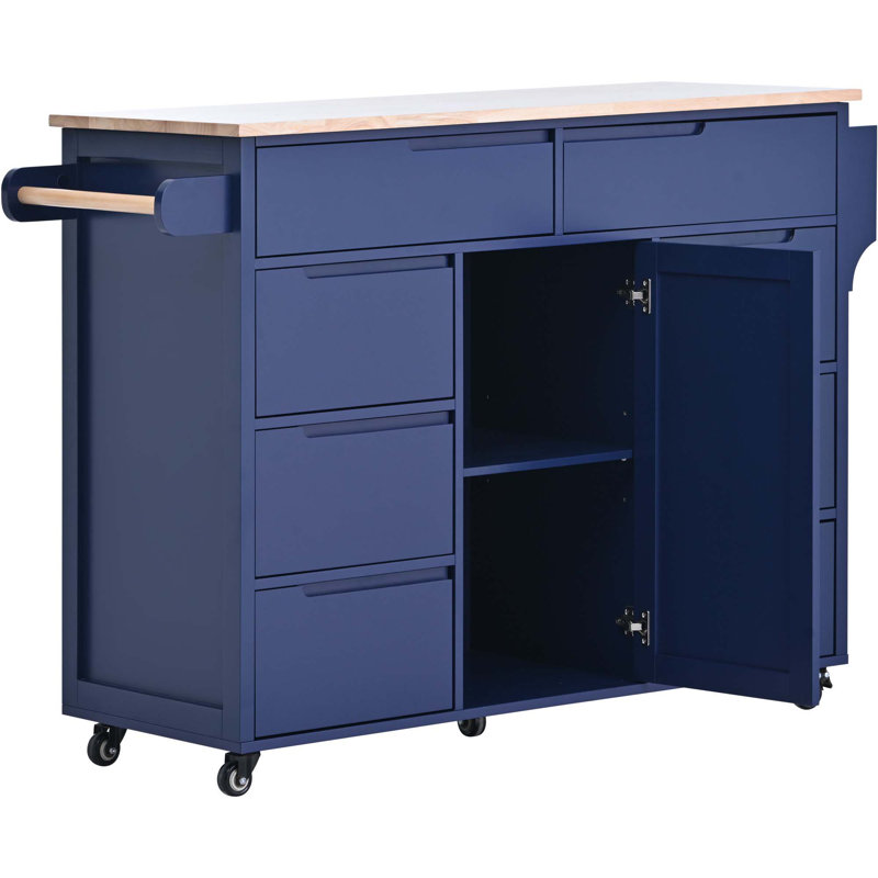 Store Kitchen Cart With Rubber Wood Countertop , Kitchen Island Has 8 Handle-Free Drawers Including A Flatware Organizer And 5 Wheels For Kitchen Dinning Room