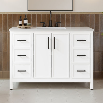 Solas 48 in. Single Sink Freestanding Pure White Bathroom Vanity with White Engineered Stone Top, Matte Black Hardware