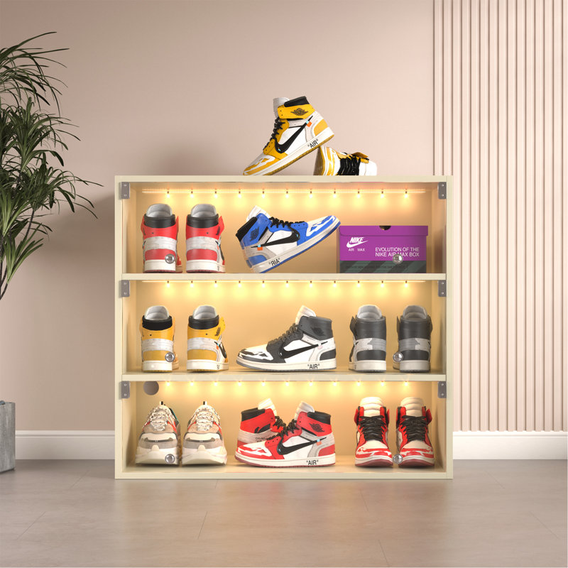 Boîte à chaussures à lumière blanche cassée à trois couches avec portes en verre