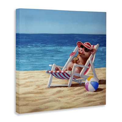 Pig with Beach Cocktail Canvas Wall Art by Lucia Heffernan