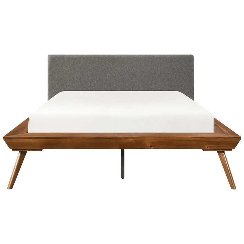 Lit plateforme grand rembourré en mousse gris foncé et châtaignier avec tête de lit texturée, Grand lit