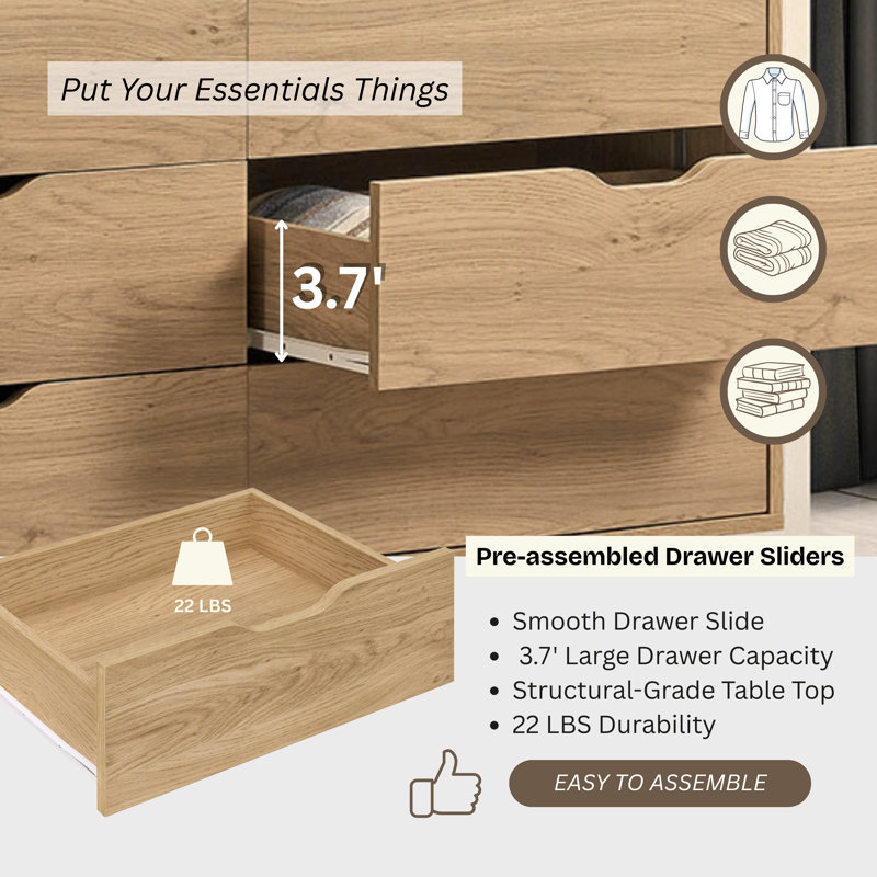  Drax 6 Drawer Wood Dresser with Built‑In Anti‑Tip Stability System — Wide Chest for Bedroom, Nursery or Hallway Storage Organizer