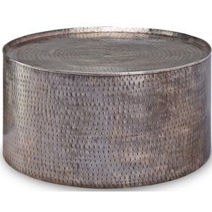 Alassandra Round Drum Shaped Coffee Table - Hammered Metal With Distressed Pewter Finish