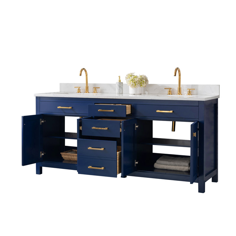Ajhane 72" Double Bathroom Vanity Set, Navy Blue/Brushed Gold