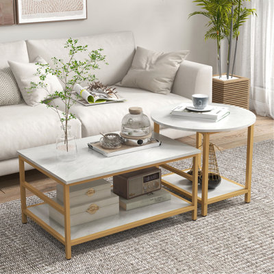 Living Room Coffee Table Collection, Faux Marble, Steel, White, Wonderful 2 , Marble Top & Steel Construction
