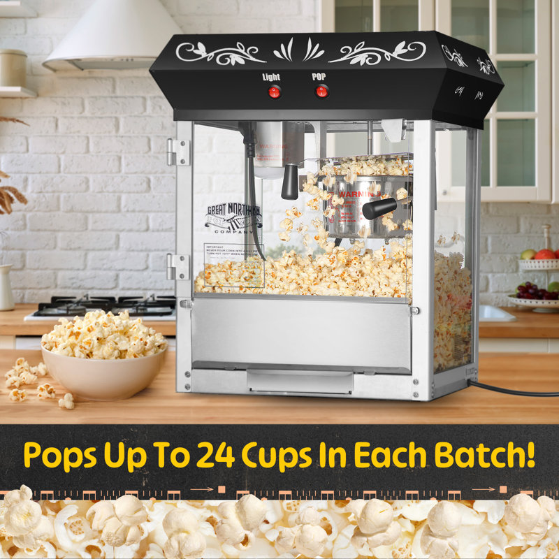 Machine à maïs soufflé Foundation - Machine à maïs soufflé 6 oz avec bouilloire en acier inoxydable de 640 W, tiroir Old Maids et plateau chauffant par Great Northern Popcorn (noir)